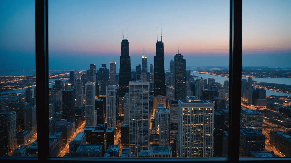 Chicago skyline viewed from office window at dusk — representing Orbivex home city