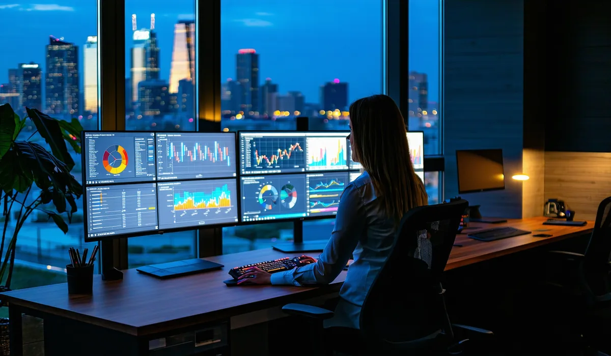 Woman working at a desk with dual monitors showing retail data dashboards, professional Chicago office setting