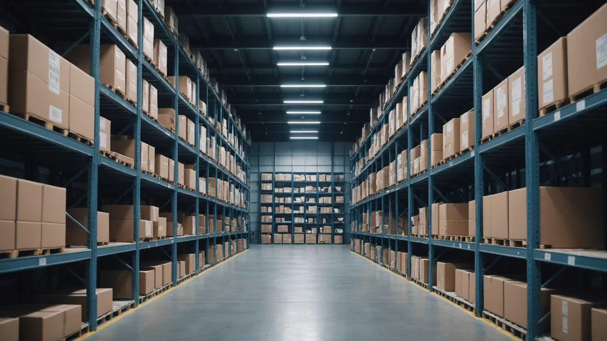 Warehouse shelving with inventory boxes representing product velocity
